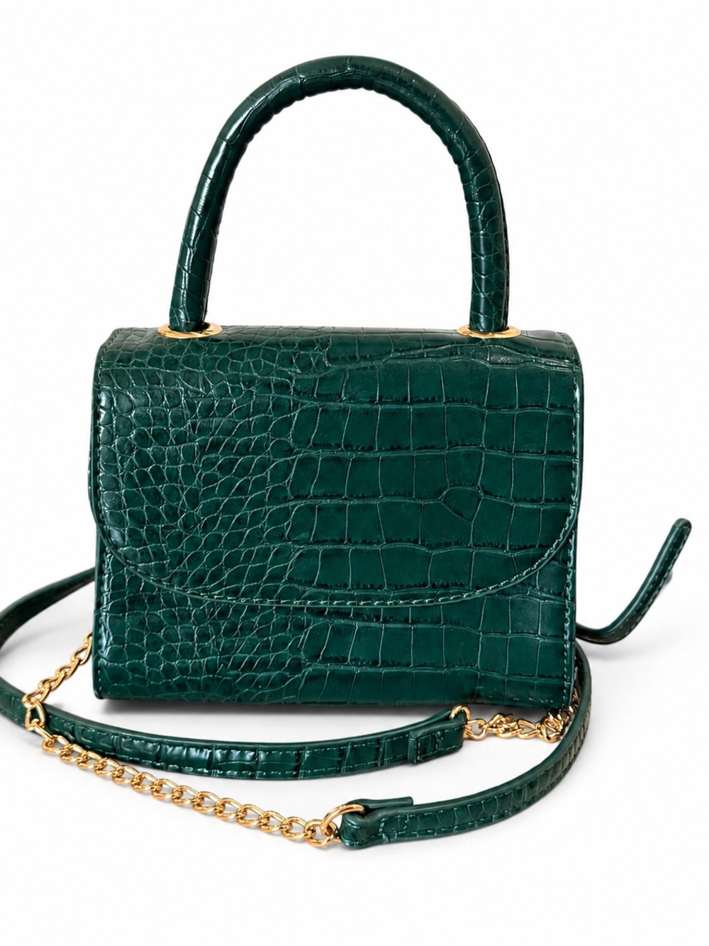 Green Croc Embossed Top Handle Crossbody Bag – Gold Chain Accent